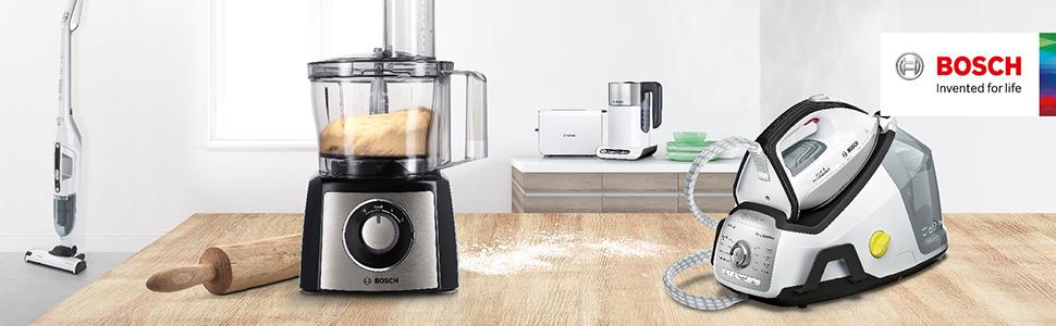 Image shows a Bosch Vacuum cleaner, Food Processor and Iron in a kitchen