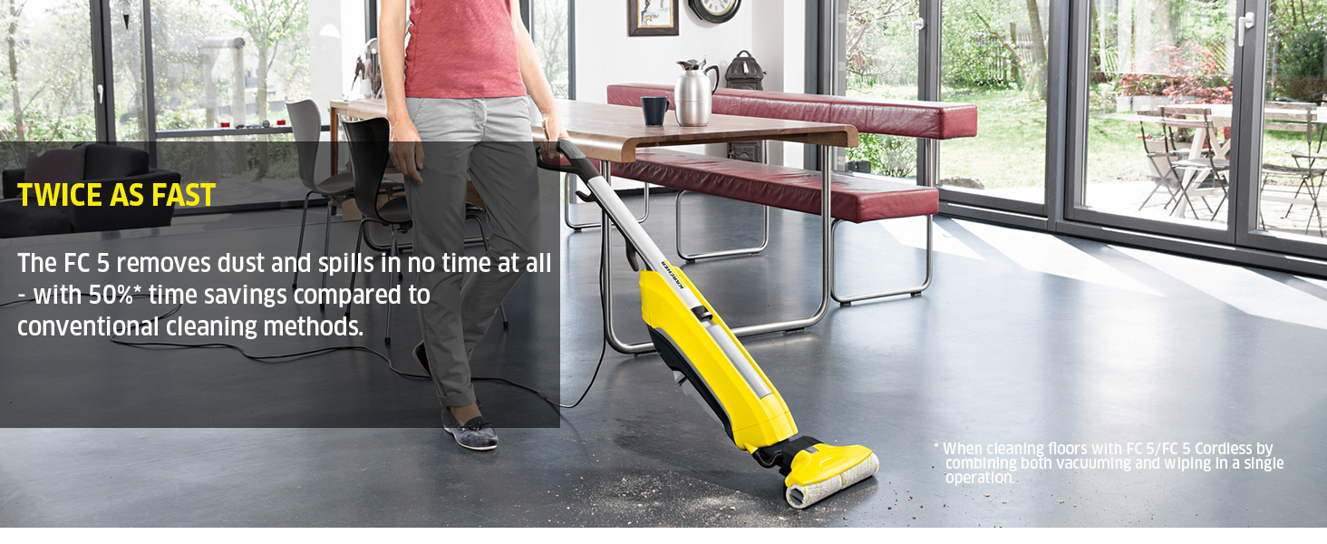 The FC 5 Cordless removes dust and spills in no time at all - with 50%* time savings