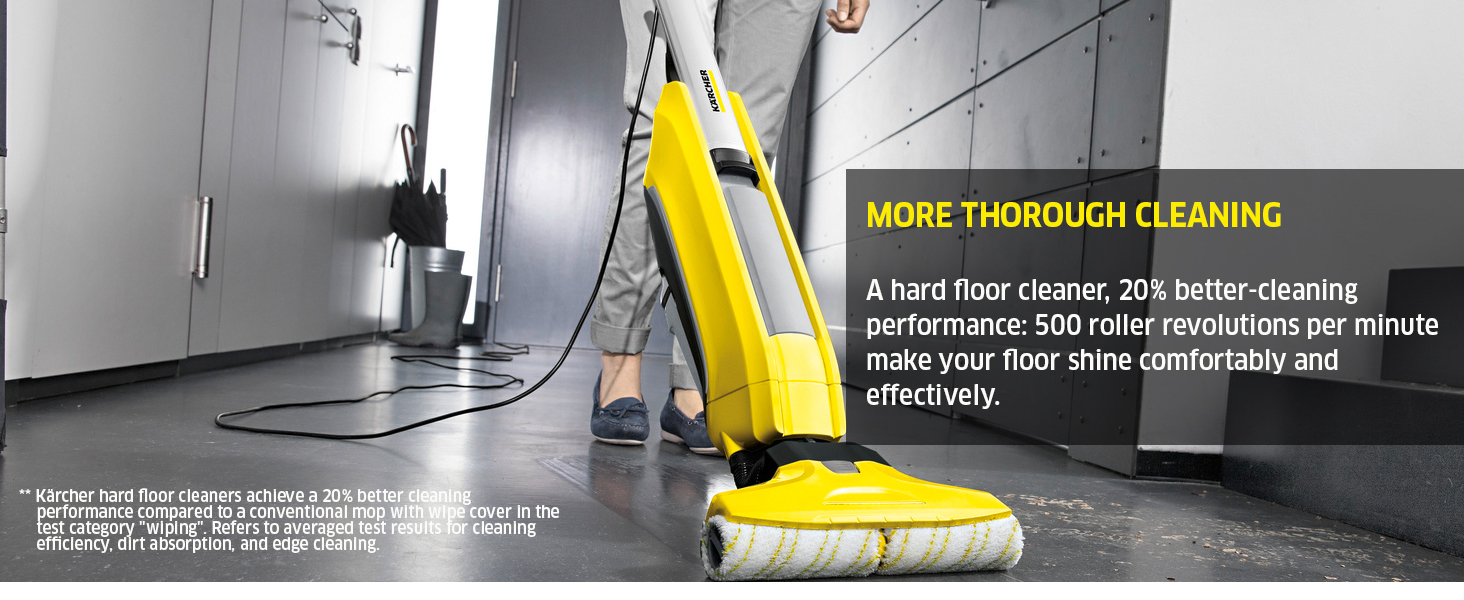 A hard floor cleaner, 20% better-cleaning performance: 500 roller revolutions per minute