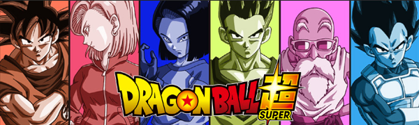 Dragon Ball Super logo with anime from Dragon Ball series behind