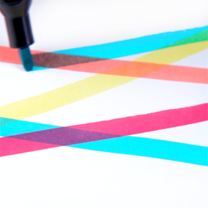 Layered straight lines drawn by a promarker in blue, cerise, lemon, and peach