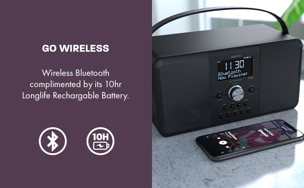Azatom Multiplex D2 Digital DAB FM Radio with Bluetooth Built-in Battery Headphone Out USB Charging