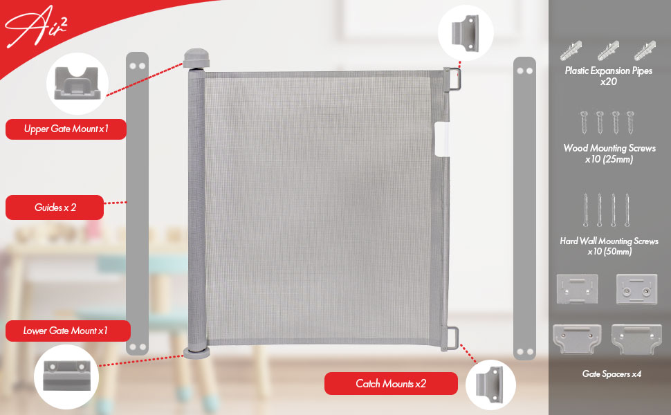 Callowesse Air 2 Retractable Safety Gate suitable for Babies and Pets, Mesh Stair Gate