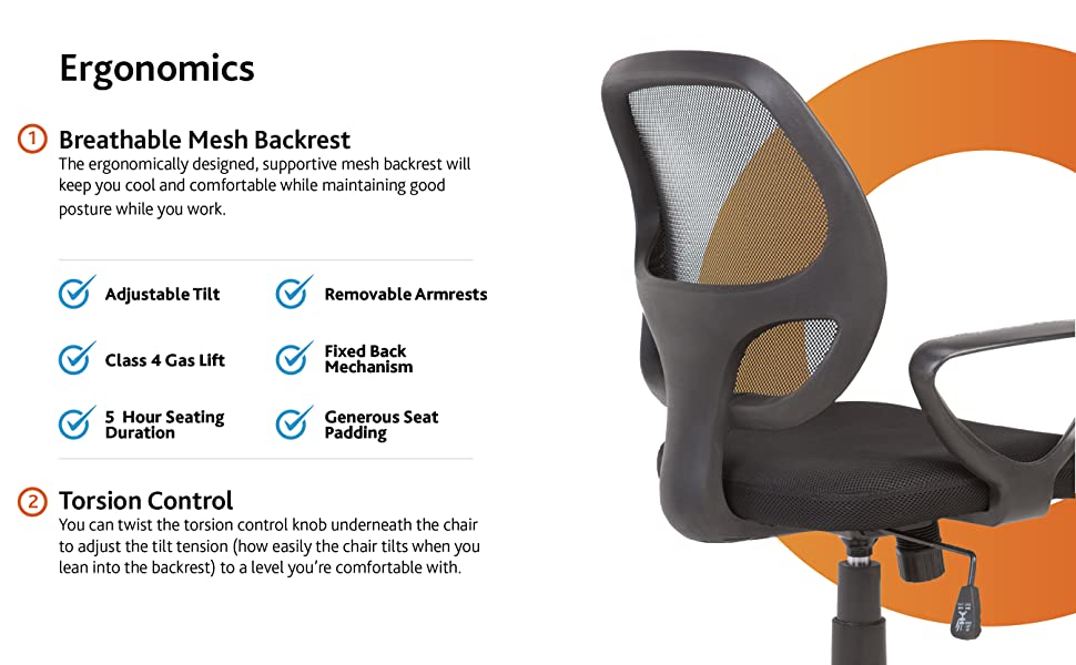 mesh backrest desk chair for home office, removable armrests, fabric seat