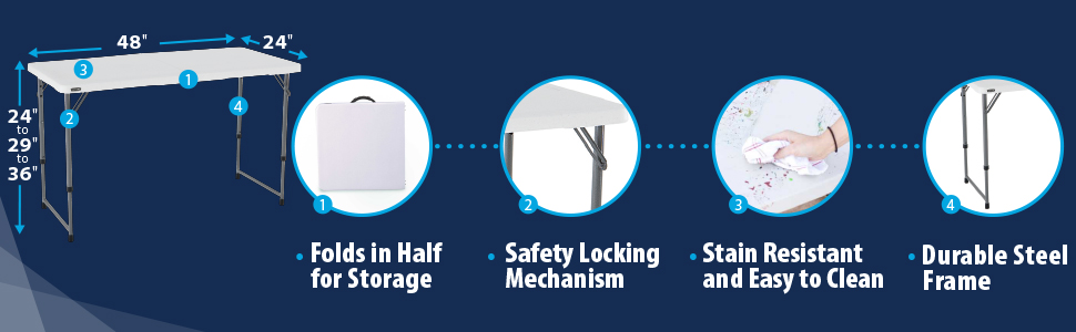 Folds in half for storage, safety locking mechanism, easy to clean, durable steel frame.