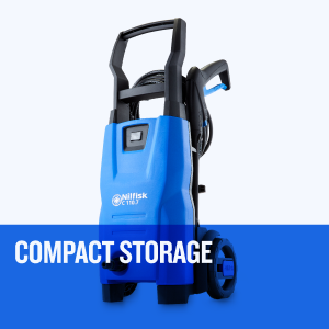 Compact Storage - Accessories, spray gun, lance, nozzles, detergent bottle. Cable hook tidy, safety.