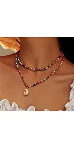 Boho Shell Necklace Gold Beaded Choker Necklaces Colorful Bead Necklace Summer Necklace Jewellery