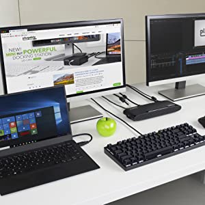 Docking station on desk with two 1080P FHD displays, laptop, mouse and keyboard