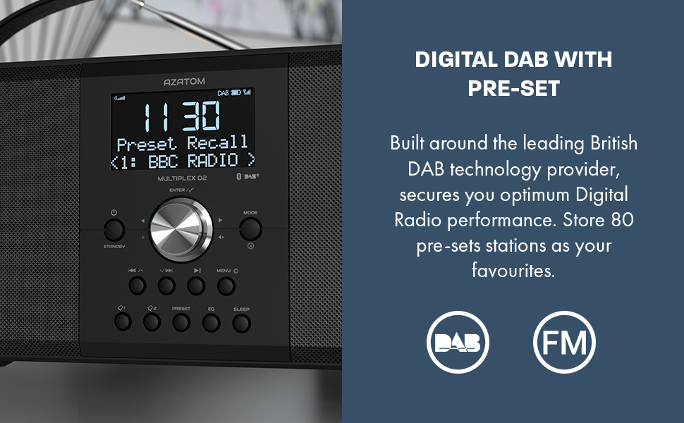 Azatom Multiplex D2 Digital DAB FM Radio with Bluetooth Built-in Battery Headphone Out USB Charging