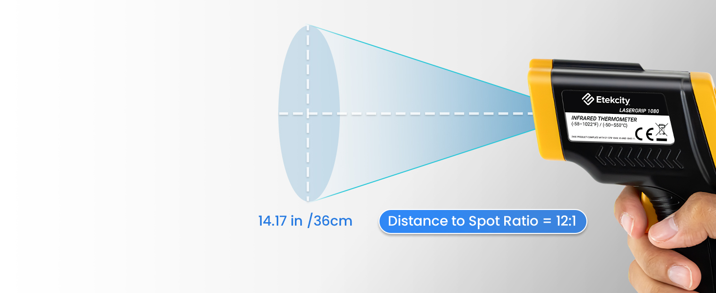 The Lasergrip features a 12:1 distance-to-spot ratio, and recommend a distance of 14.17 in / 36 cm.