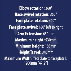 Invision MX900 elbow rotation, faceplate rotation, arm extension, maximum & minimum height