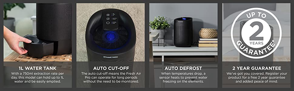 Russell Hobbs black dehumidifier with HEPA filtration, 1L tank, Auto cut off