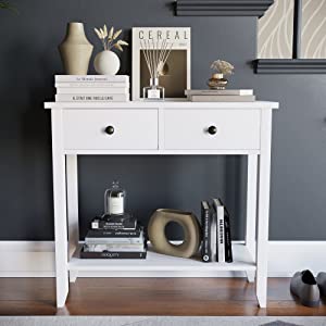 Whtie Console Table Living Room Hall Way Telephone Table Stylish Modern Two Drawer with Shelf Bottom