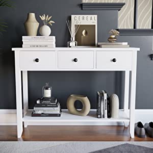 Whtie Console Table Living Room Hall Way Telephone Table Stylish Modern Three Drawer Shelf Bottom