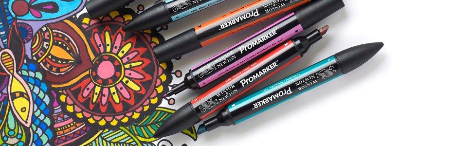 A flora colourful pattern drawn with promarkers showing the markers on the right. All on a white bg