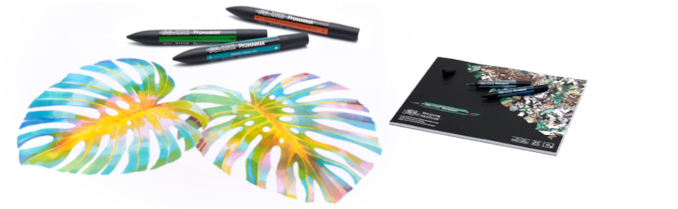 Two multicoloured monstera leave with promarkers above, bleedproof pad shown to the right, white bg