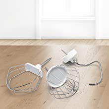 Image shows dough hook, whisk and beater