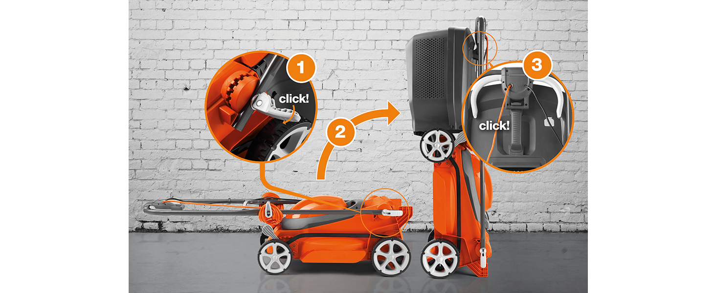 Fold the handles, stand it up vertically, and hang the grass box.