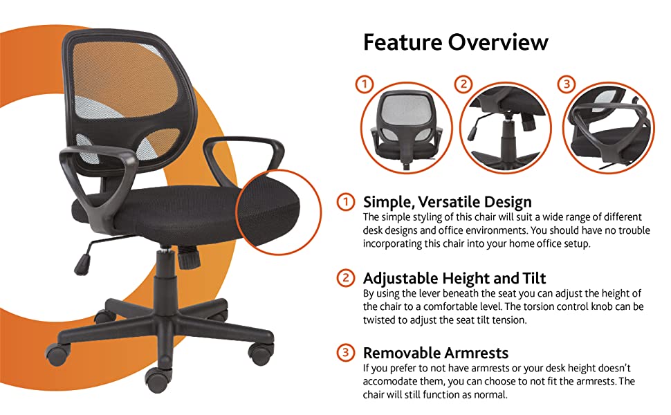 office desk chair with mesh back and wheel castors, torsion adjusting tilt mechanism