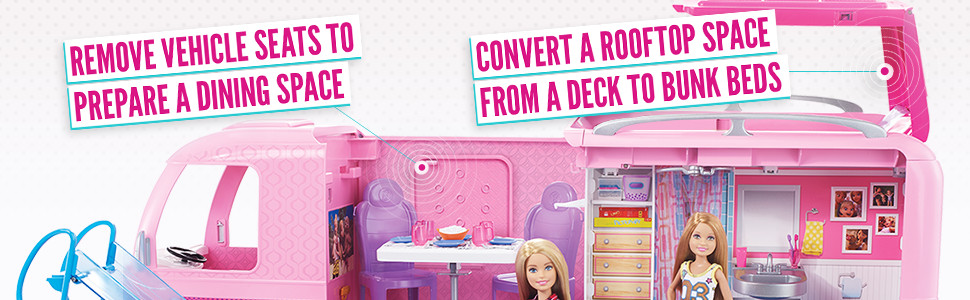 Barbie ESTATE Dream Camper Pink Pop Out Caravan for Dolls, Accessories Included, Playset Vehicle