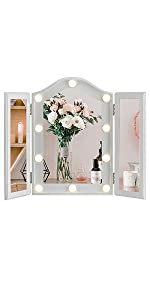 Hollywood Tabletop Makeup Tri-fold Mirror with USB-Powered Dimmable Light