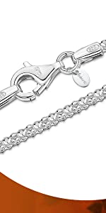 Amberta 925 Sterling Silver 2.5 mm Diamond Cut Popcorn Coreana Chain Necklace 16