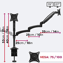 dimensions, size, measurements, adjustability, movement, vesa 75/100, inches, centimetres, arm, pole