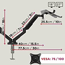 dimensions, size, measurements, adjustability, movement, vesa 75/100, inches, centimetres, arm, pole