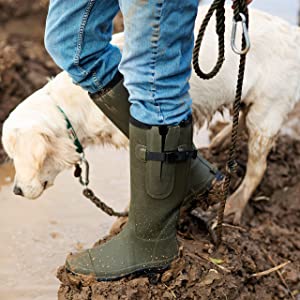 Womens ladies wellingtons wellies boots adjustable waterproof green rubber sole warm yard walking