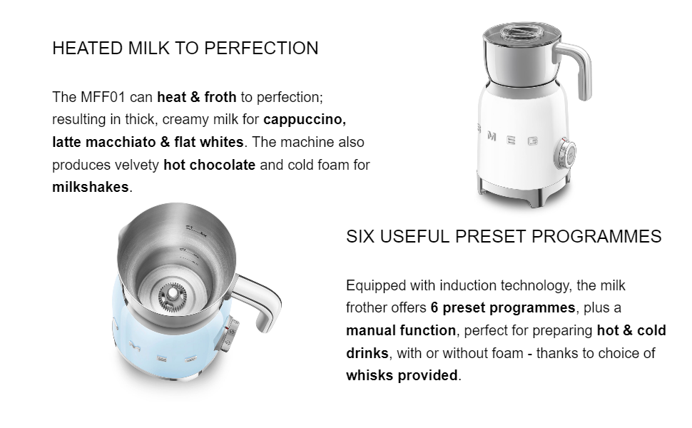 Smeg automatic milk frother, milk frother with accessories, 50's style milk frother, Smeg 50's style