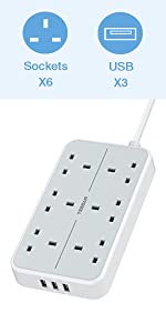 Long Extension Lead 6 Way Grey