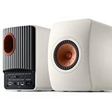 Pair of mineral white LS50 Wireless II speakers back and front