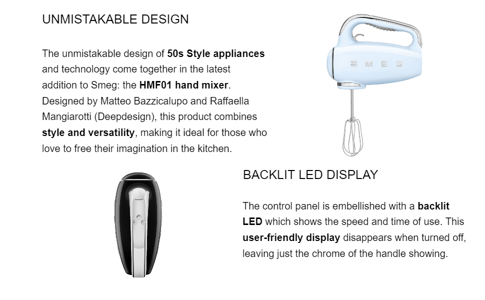 Smeg hand mixer, hand mixer with accessories, 50's style hand mixer, Smeg 50's style, hand mixer