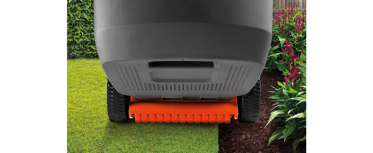 The rear roller keeps the mower stable so can cut right up to, and over the edge, of your lawn.
