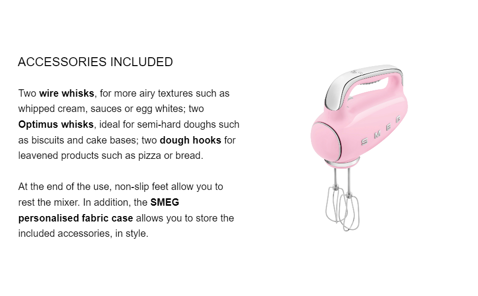 Smeg hand mixer, hand mixer with accessories, 50's style hand mixer, Smeg 50's style, hand mixer