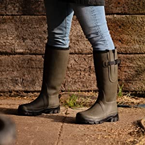 Womens ladies wellingtons wellies boots adjustable waterproof green rubber sole warm yard walking