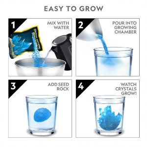 Images showing simple 4 step process for crystal growing with the national geographic crystal kit