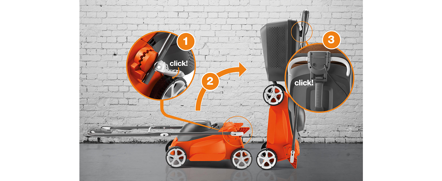 Fold the handles, stand it up vertically, and hang the grass box.