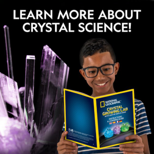 A smiling boy reads a full colour information booklet. Legend: 'learn more about crystal science!'