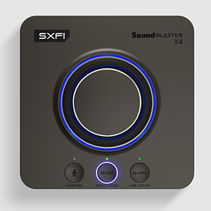 sound blaster x4 with close up of the 3 direct buttons for EQ modes, direct mic mute, and super x-fi
