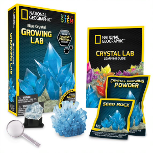 The contents and packaging of the blue crystal growing lab science experiment kit, white background