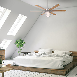 6 blade brushed nickel ceiling fan with LED light in contemporary loft bedroom. 