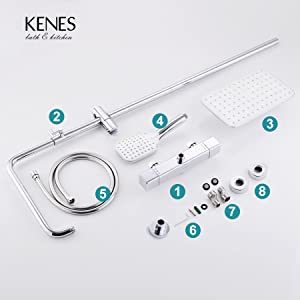 KENES Square Thermostatic Shower System, with Overhead Shower and Three Functions Hand Shower