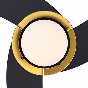 Bottom view of light kit with gold accents on matte black fan.