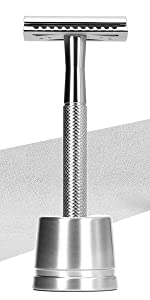 silver metal safety razor with stand