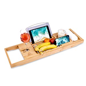 wooden bath caddy, extendable bath tray, bath book holder, bath rack wooden