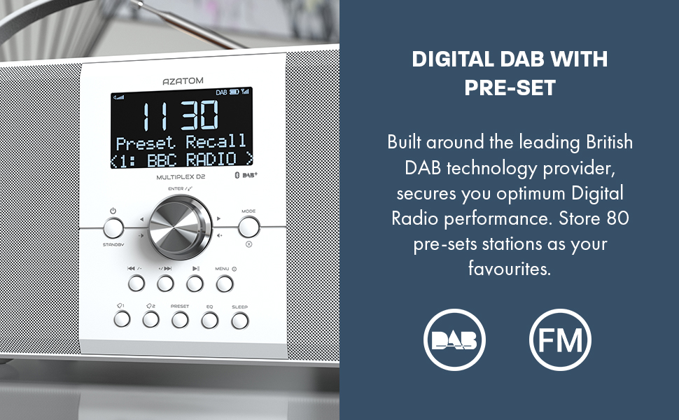 Azatom Multiplex D2 Digital DAB FM Radio with Bluetooth Built-in Battery Headphone Out USB Charging