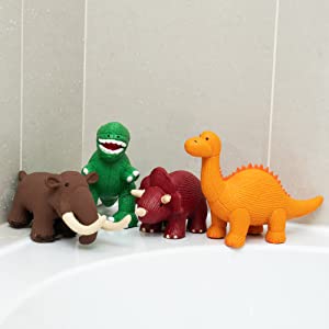 Four natural rubber dinosaur bath toys on the side of the bath