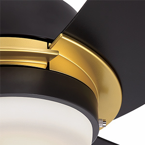 Matte black finish fan and black blades with gold finish brackets, opal frosted glass.