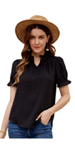 Women Summer Short Sleeve Buttons Daily Shirt Elegant Ruffled Collar Office Tops
